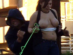 So this girl with a tiny dog and massive fucking knockers comes walking up the street in a TUBE TOP! Everybody knows these are just meant to be pulled down! Her love muffins were just begging to bust out of that constricted top so we helped 'em out!